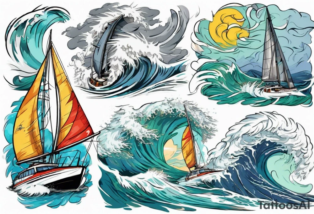Sailing Catamaran in Rough weather and waves tattoo idea
