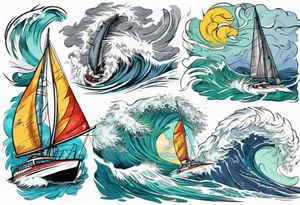 Sailing Catamaran in Rough weather and waves tattoo idea