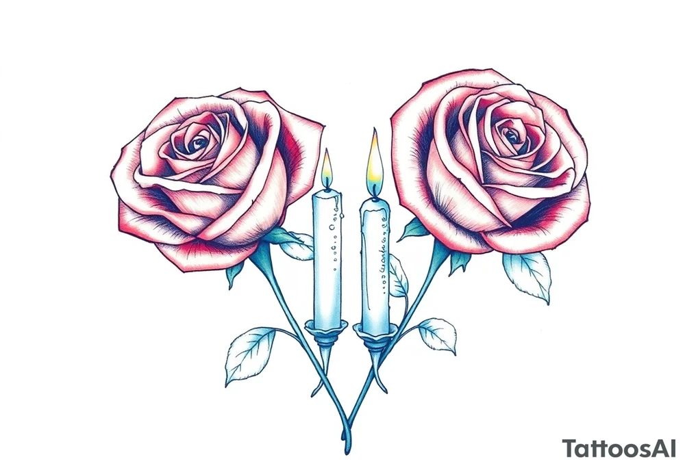 Two roses, short candles, blue tattoo idea