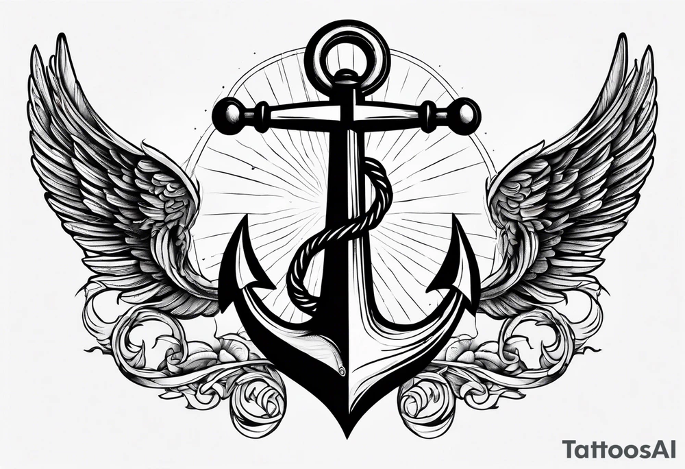 a ship anchor with an s through the anchor and angle wings on the left and right side tattoo idea