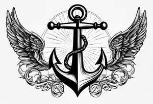 a ship anchor with an s through the anchor and angle wings on the left and right side tattoo idea