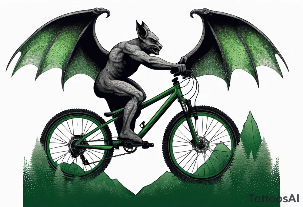 gargoyle riding a full suspension green mountain bike with a shadow no background with wings tattoo idea