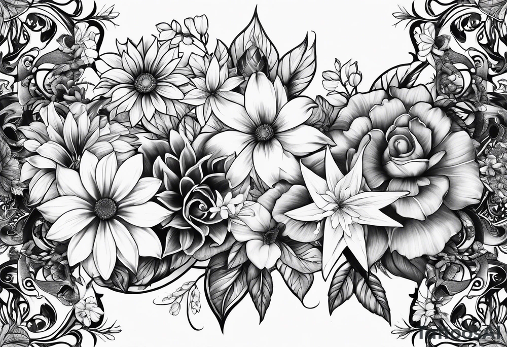 Collage of flowers and stars tattoo idea