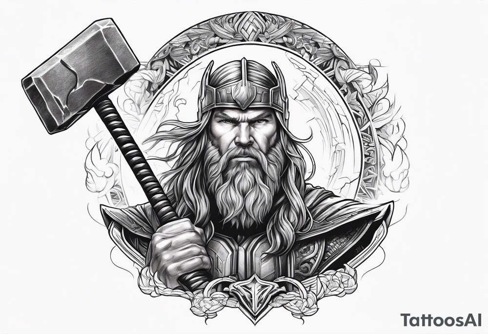 Thor mit Hammer in der Hand und kämpft tattoo idea