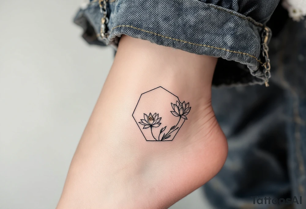 Leo, larkspur and water lily surrounded by a hexagon tattoo idea