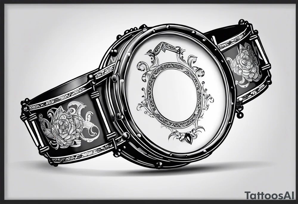 A tambourine with the lyrics 'Se alguém perguntar por mim' integrated into the design tattoo idea