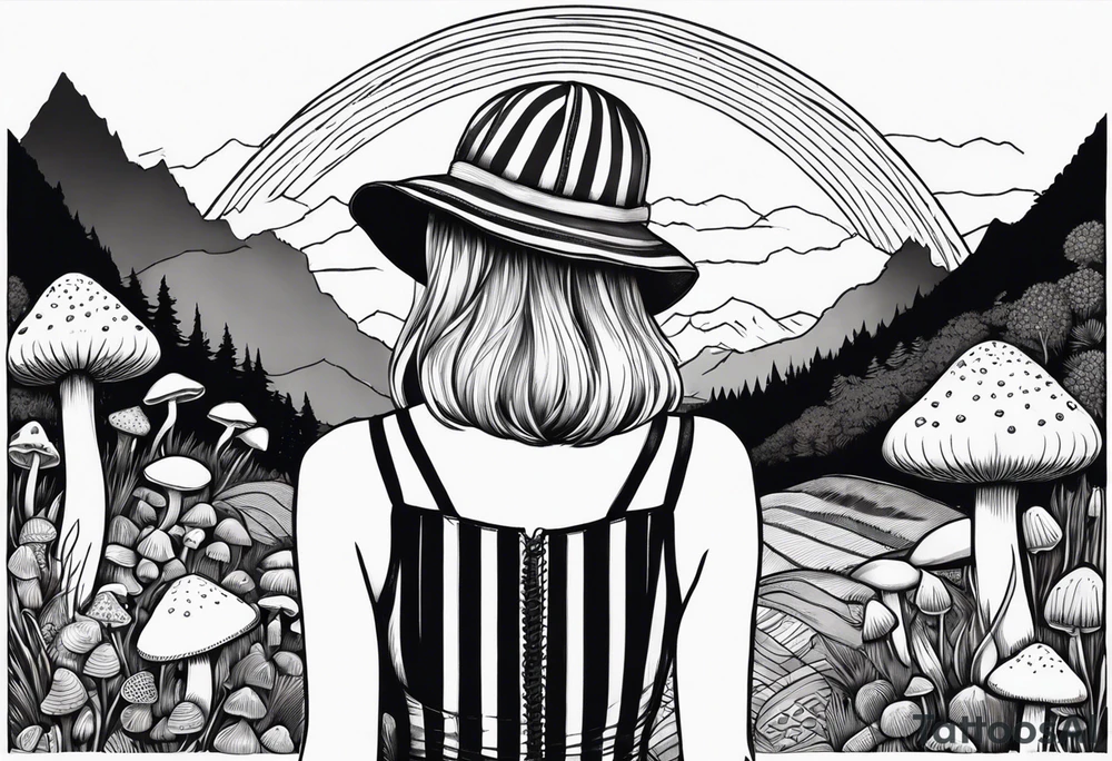 Straight blonde hair girl holding mushrooms in hand facing away toward mountains surrounded by mushrooms circular design black and white striped dress tattoo idea