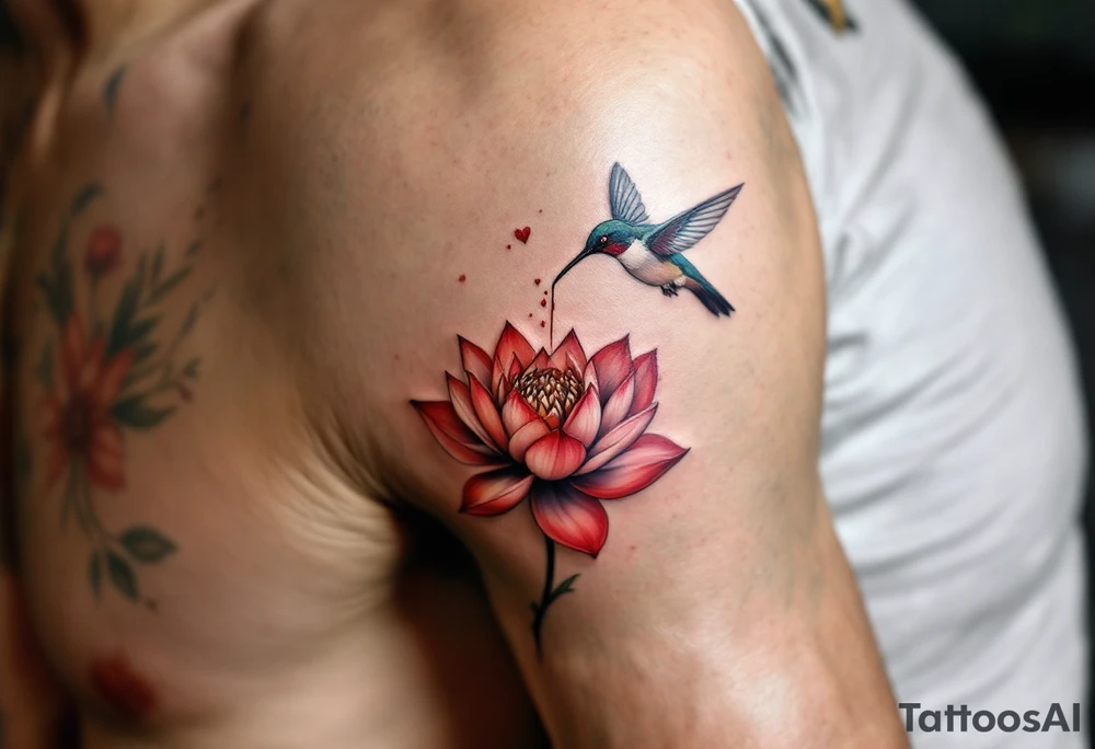 hummingbird drinking lotus flower, egyptian theme. Red and black colors only tattoo idea