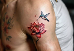 hummingbird drinking lotus flower, egyptian theme. Red and black colors only tattoo idea