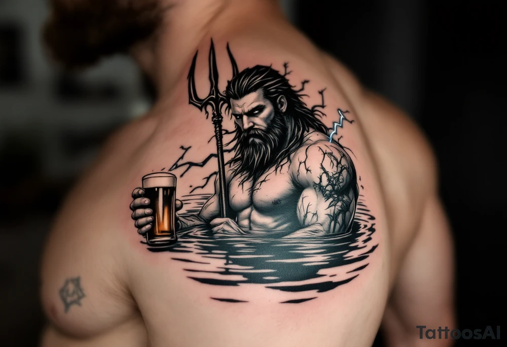 young, fit poseidon in calm water, holding a trident, holding a beer, with lightning behind tattoo idea