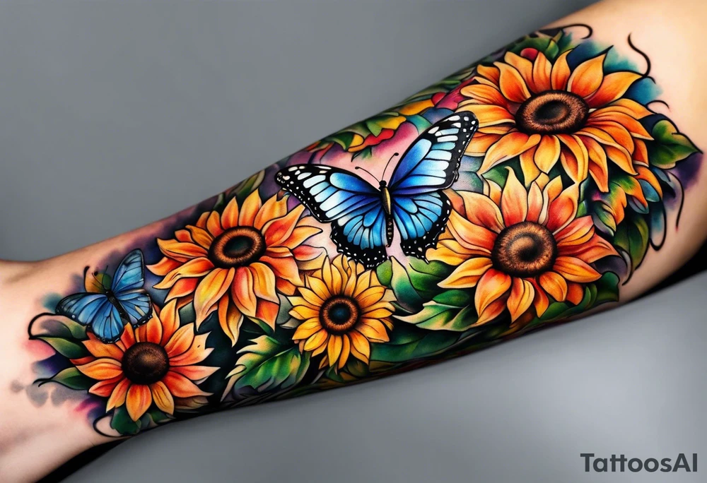 Memorial arm sleeve for mom with rainbow sunflowers and butterflies tattoo idea