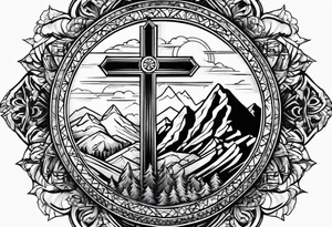Small Cross on top if a one mountain tattoo idea