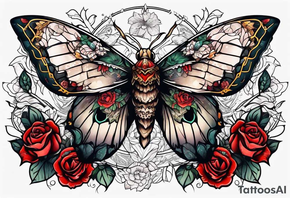 Moth with skull inside it and thorns and roses around it tattoo idea