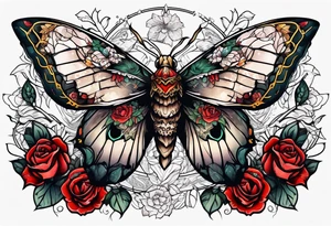 Moth with skull inside it and thorns and roses around it tattoo idea