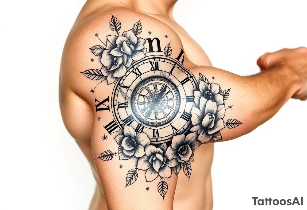 vintage roman numerals within ornate clockwork mechanism, flowers, with Darcie, Marni and Shaylen written throughout design tattoo idea