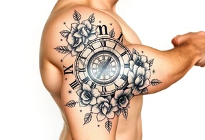 vintage roman numerals within ornate clockwork mechanism, flowers, with Darcie, Marni and Shaylen written throughout design tattoo idea