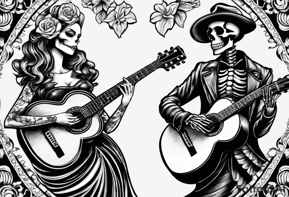 a male and a female skeleton. The male skeleton is playing the guitar. The female skeleton has a hibiscus flower. The female is not playing a guitar. tattoo idea
