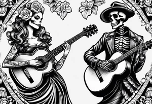 a male and a female skeleton. The male skeleton is playing the guitar. The female skeleton has a hibiscus flower. The female is not playing a guitar. tattoo idea