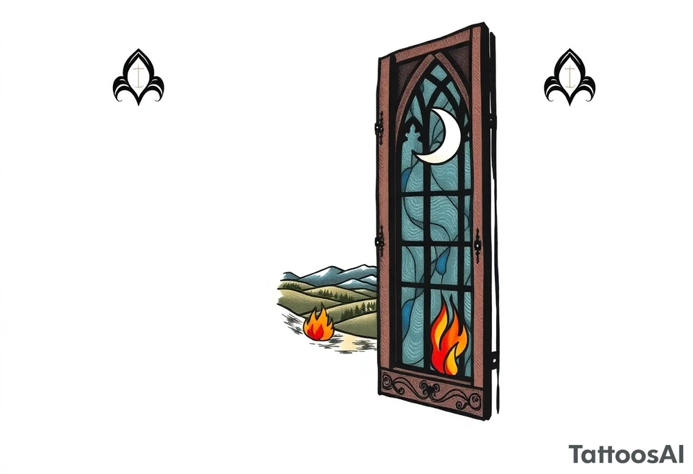 Tall church window with stained glass showcasing crescent moon over a hilly landscape as a fire burns in the distance '


, tattoo idea