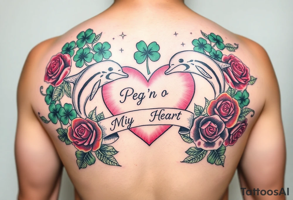 A lot of green shamrocks & red roses, dolphins with a big Pink heart and a banner across the heart that says Peg 'o My Heart tattoo idea