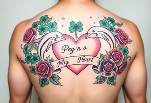A lot of green shamrocks & red roses, dolphins with a big Pink heart and a banner across the heart that says Peg 'o My Heart tattoo idea