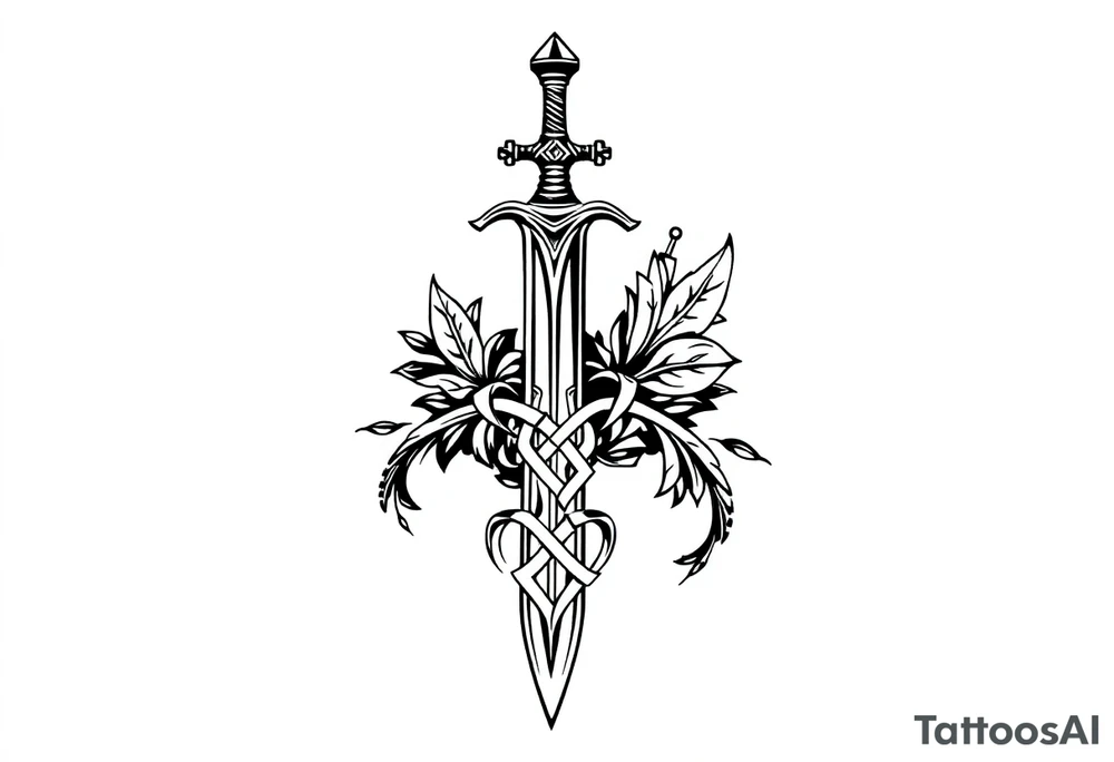 a sword with an overgrown Celtic knot band infused with nature tattoo idea