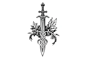 a sword with an overgrown Celtic knot band infused with nature tattoo idea