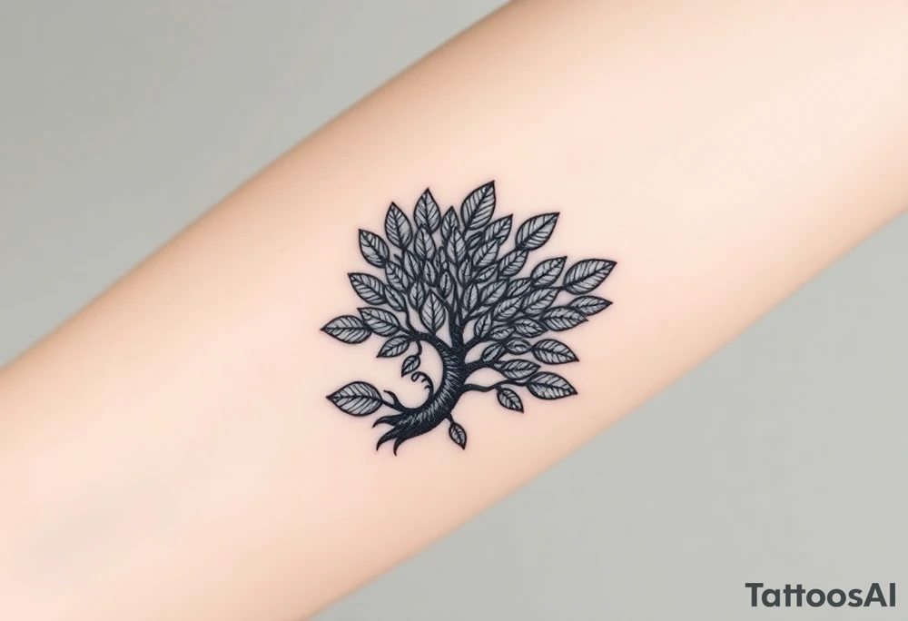 Fibonacci spiral shell inside of tree full of lots of leaves tattoo idea
