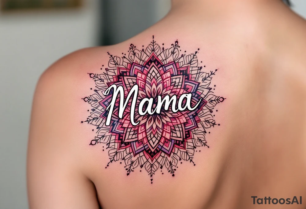 A vibrant mandala in reds and purples surrounding the word “Mama” in white ink. tattoo idea