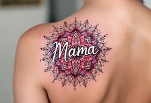 A vibrant mandala in reds and purples surrounding the word “Mama” in white ink. tattoo idea