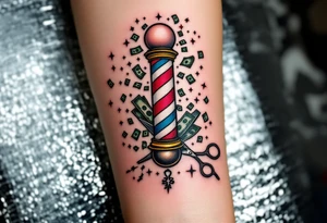 Barber pole and Scissors with raining money 
THIS IS MY DREAM tattoo idea