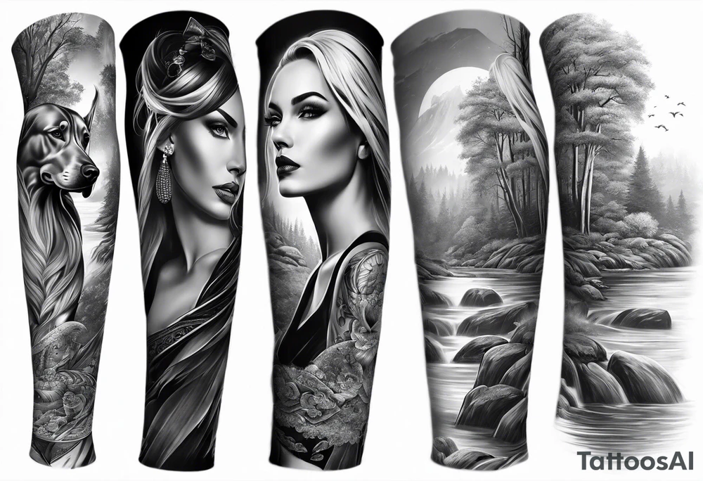 Full arm sleeve. Great Danes together exploring waterfall tattoo idea