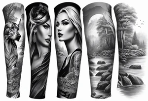 Full arm sleeve. Great Danes together exploring waterfall tattoo idea