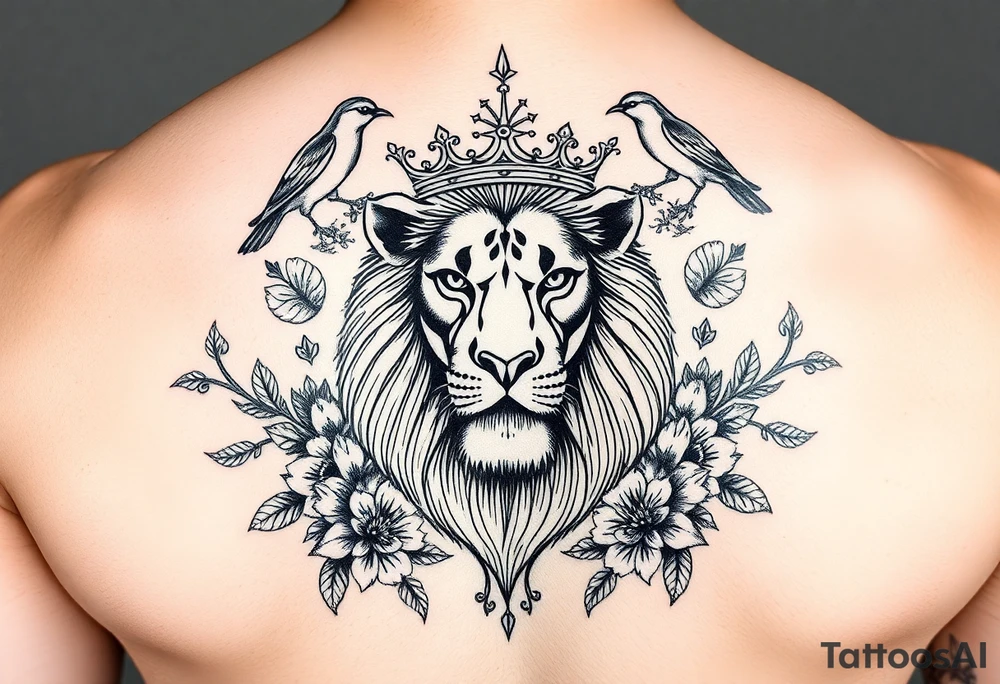 powerful majestic lion with a crown, surrounded by floral ornaments and birds tattoo idea