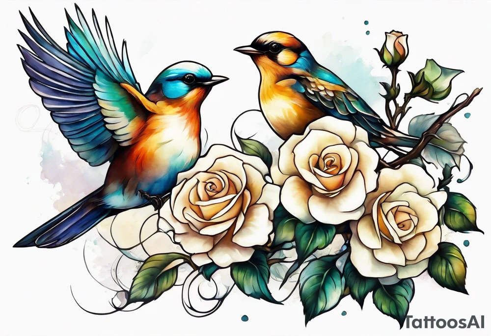 Two birds sitting on a stem of White roses with another bird flying in to land on stem tattoo idea