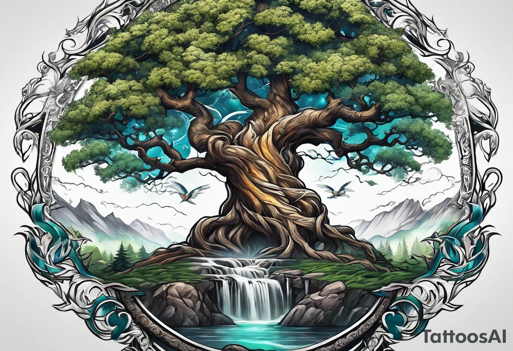 Yggdrasil with a long sword underneath tattoo idea