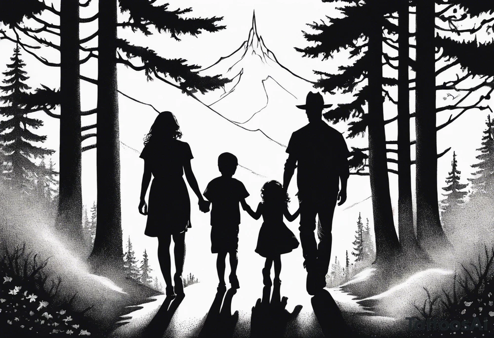 Church. Chicano art . A shadow of a Man and Woman and young son and young daughter  walking through the Pacific Northwest Forrest.. tattoo idea