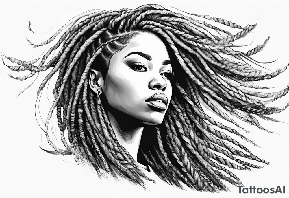 Draw a women head with real dread locks flying in the air, tattoo idea