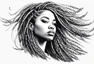 Draw a women head with real dread locks flying in the air, tattoo idea