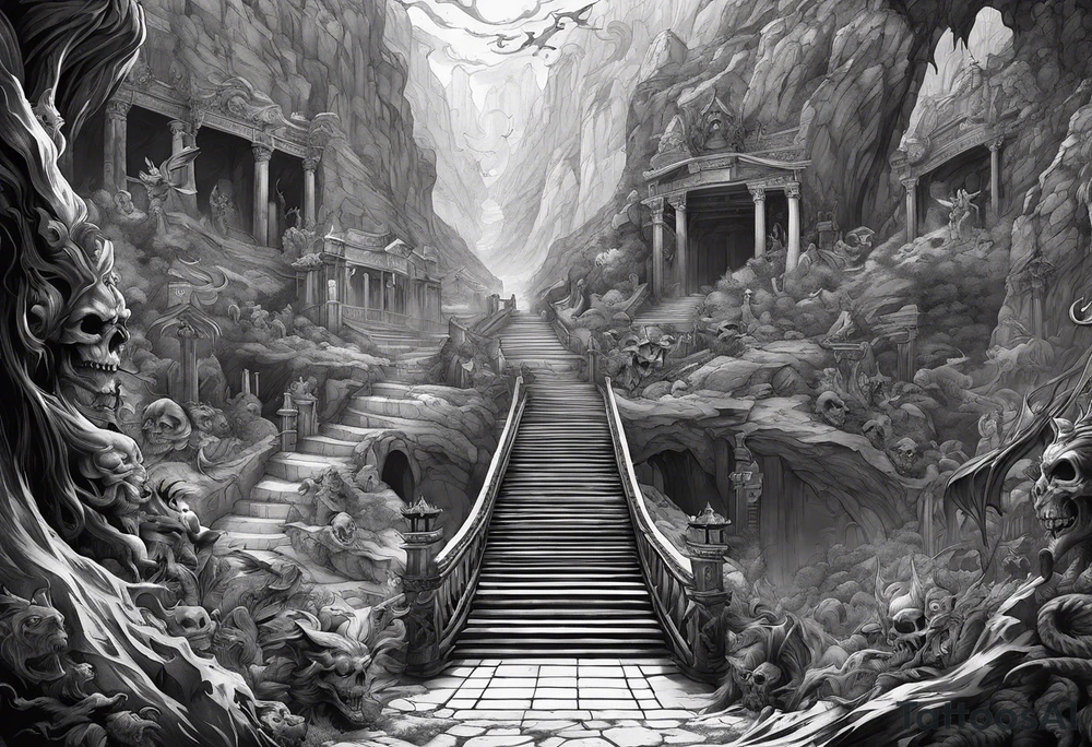 walking through the shadow valley of death with a stair case in the middle and lots of demons on one side and lots angel on the other side tattoo idea