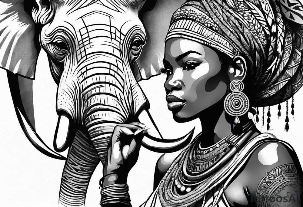 African woman warrior holding spear with earrings. Tribe marks on her face and trees,brids and elephants in the background tattoo idea