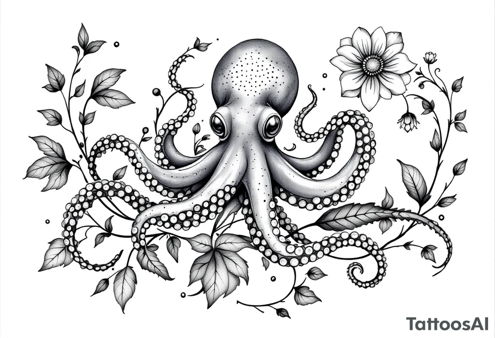 A unique, seamless tattoo composition combining marine and botanical elements. A small, realistic octopus with detailed linework and smooth black-and-grey shading is integrated into an elegant floral vine. The octopus’ tentacles flow naturally and intertwine with thin black swirling lines and soft, semi-transparent brown leaves that wrap around the upper arm and shoulder. On the shoulder, a delicate mandala-style flower blooms, with dotwork and ornamental flourishes that radiate outward.
The overall style is fine-line, minimalistic, and organic — blending the lifelike texture of the octopus with the graceful rhythm of the botanical flow. Feminine, artistic, and slightly surreal, as if the octopus is part of the natural growth of the vines. Design is intended for placement on the upper arm and shoulder, curving naturally with the body. tattoo idea