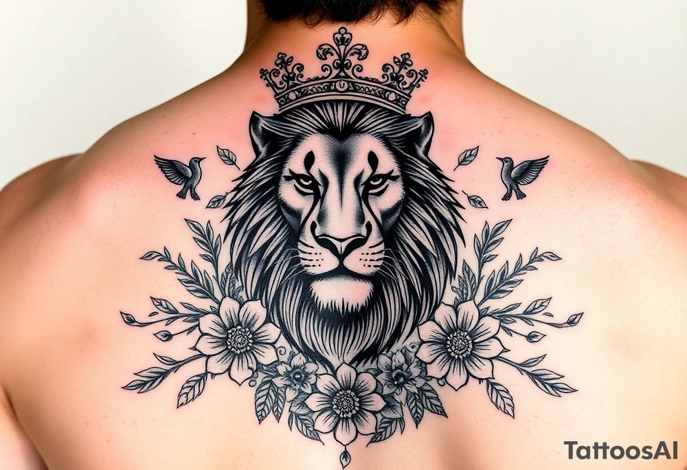 powerful majestic lion with a crown, surrounded by floral ornaments and birds tattoo idea