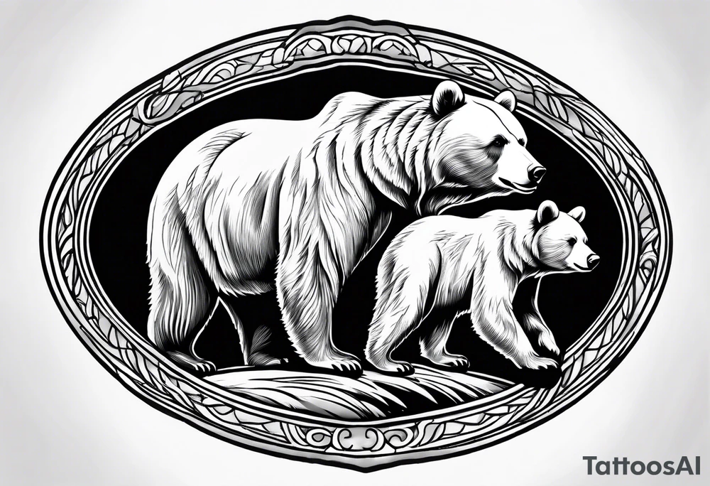 mother bear and cub simple inside oval tattoo idea
