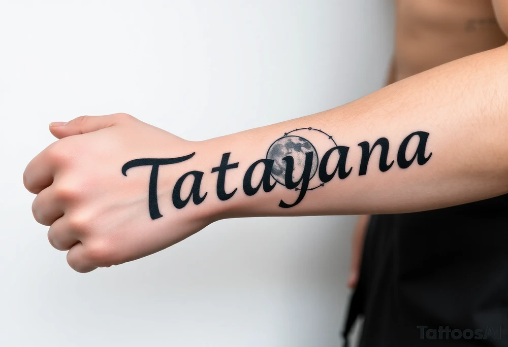 Forearm tattoo for a man using the name “Tatayana” Starting from the wrist, stretching to the elbow with the sun and moon Incorporated tattoo idea