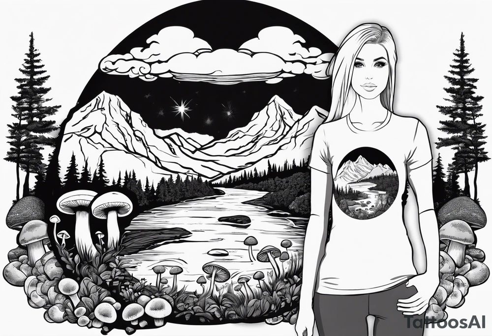 Whole picture encircled fully

Straight long blonde hair hippie girl in distance holding mushrooms in hand facing away toward mountains and creek surrounded by mushrooms long sleeve shirt and hiking pants; whole rendering within a full circle, no cut off circle tattoo idea