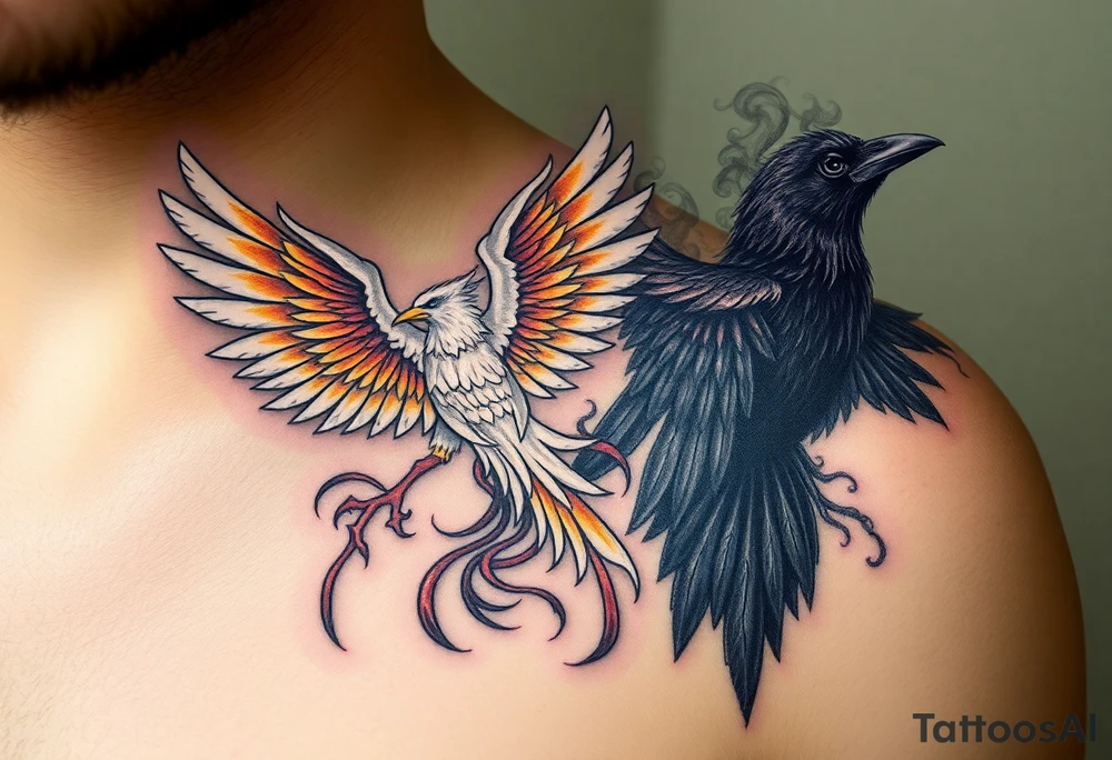 A majestic white phoenix, with glowing feathers in shades of gold and silver, symbolizing light and resurrection, opposite a dark crow, surrounded by smoky tendrils and shadowy wings, dripping with darkness and doom. tattoo idea