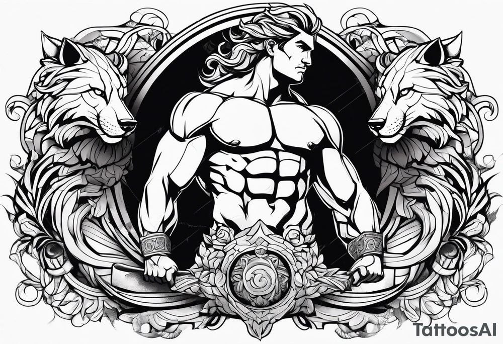 a muscular man like a Greek god slaying/mastering a ferocious beast tattoo idea