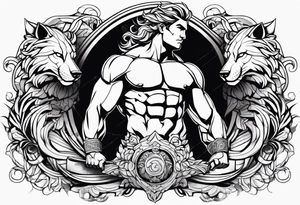 a muscular man like a Greek god slaying/mastering a ferocious beast tattoo idea