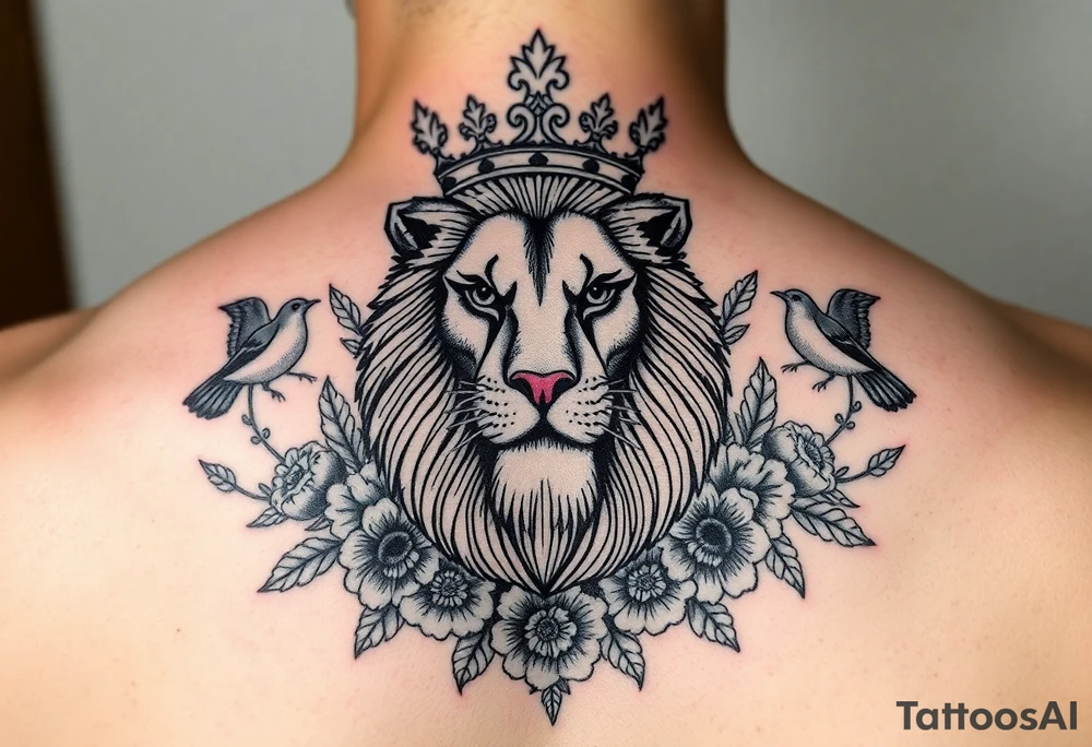 powerful majestic lion with a crown, surrounded by floral ornaments and birds tattoo idea